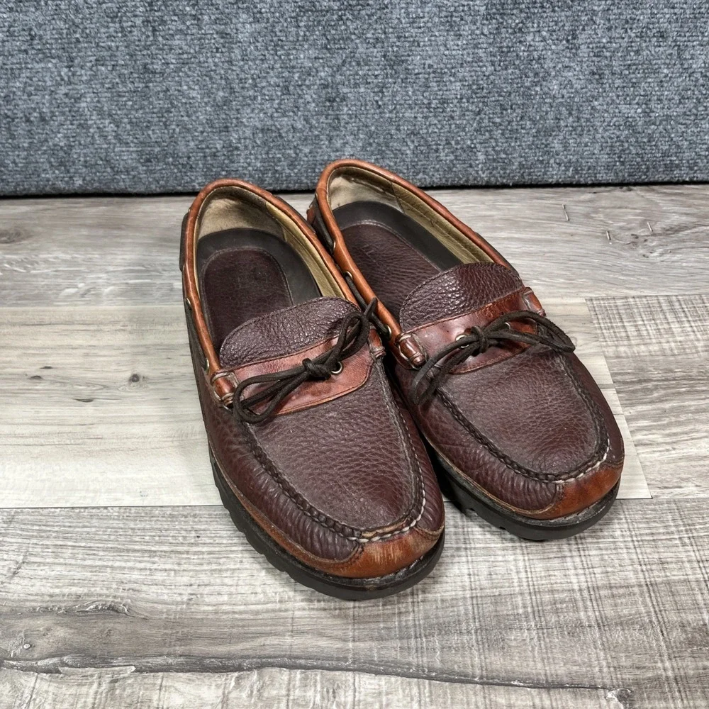 L.L. Bean Allagash Mens 10 D Bison Leather Boat Shoes Slip-On Mock Toe 273080